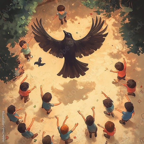 A black bird with outstretched wings hovers over a circle of children with outstretched arms. photo