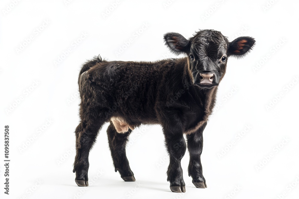 the beside view baby Angus Cow standing, left side view, low angle, white copy space on right, Isolated on White Background the beside view baby Angus Cow standing, left side view, low angle, white copy space on right, Isolated on White Background