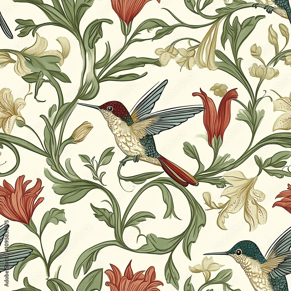 Seamless pattern with hummingbirds and flowers on a white background. Seamless pattern with hummingbirds and flowers on a white background.