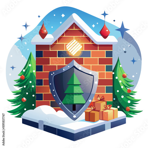 Christmas Security: A charming, festive illustration depicting a brick house with a Christmas tree inside, protected by a shield, symbolizing safety and security during the holiday season.  