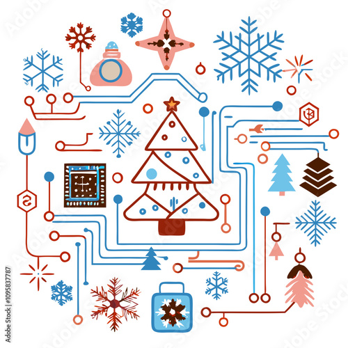 Tech Christmas Tree: A festive digital illustration featuring a stylized Christmas tree adorned with circuit boards, snowflakes, and other wintery motifs.