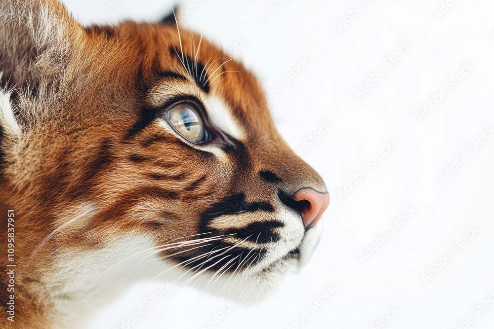 Obraz premium Mystic portrait of baby Panthera Uncia in studio, copy space on right side, Headshot, Close-up View, isolated on white background