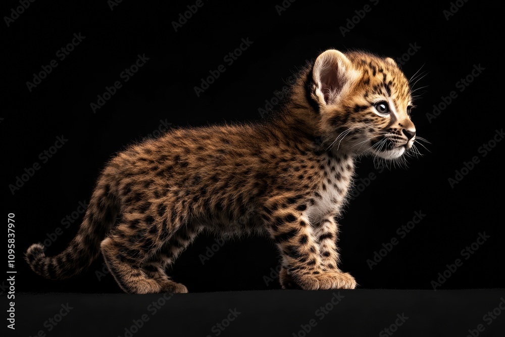Obraz premium the beside view baby Panthera Uncia standing, left side view, low angle, white copy space on right, Isolated on black Background