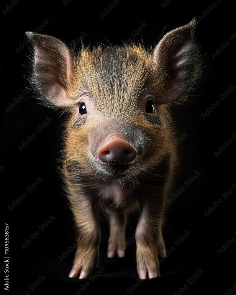 Fototapeta premium the baby Wild Boar front view, white copy space on right, Isolated on black Background