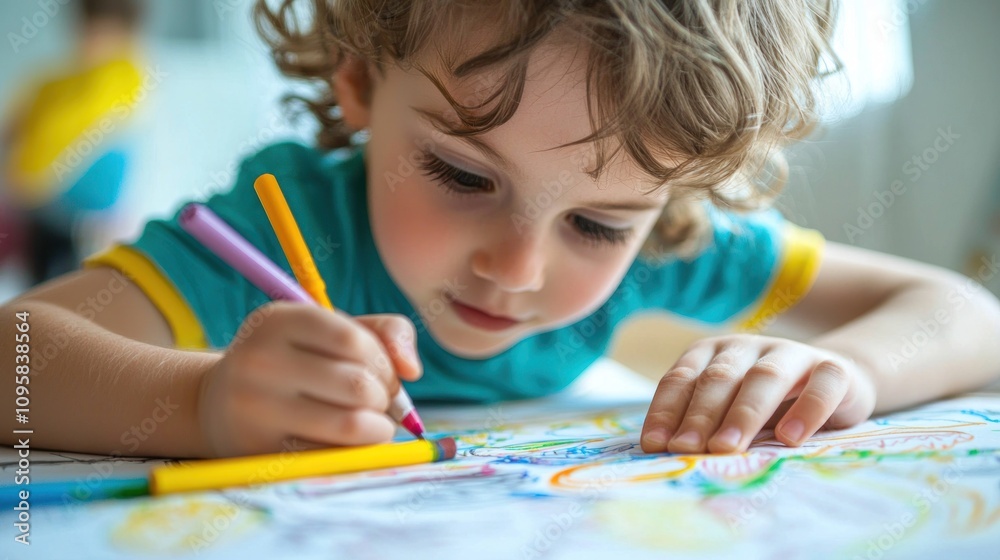 Children drawing with crayons or markers, focusing on creating colorful artwork Children drawing with crayons or markers, focusing on creating colorful artwork