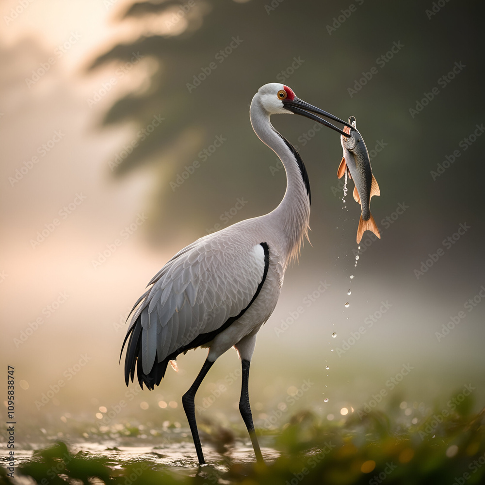 Naklejka premium Great Blue Heron with freshly caught native brook trout in beak Generative AI