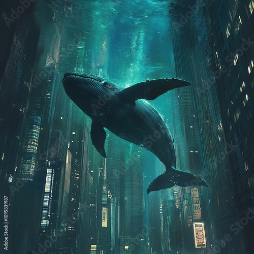 A whale swims through a futuristic cityscape submerged in water. photo