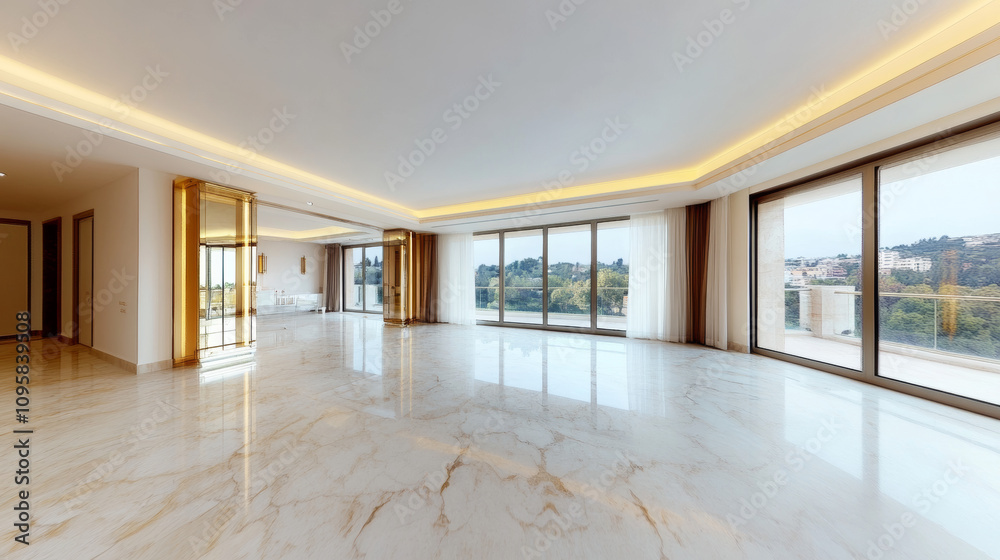 360 degree panorama view.A spacious, bright living room with big windows, marble floors, and a 360° view. 360 degree panorama view.A spacious, bright living room with big windows, marble floors, and a 360° view.