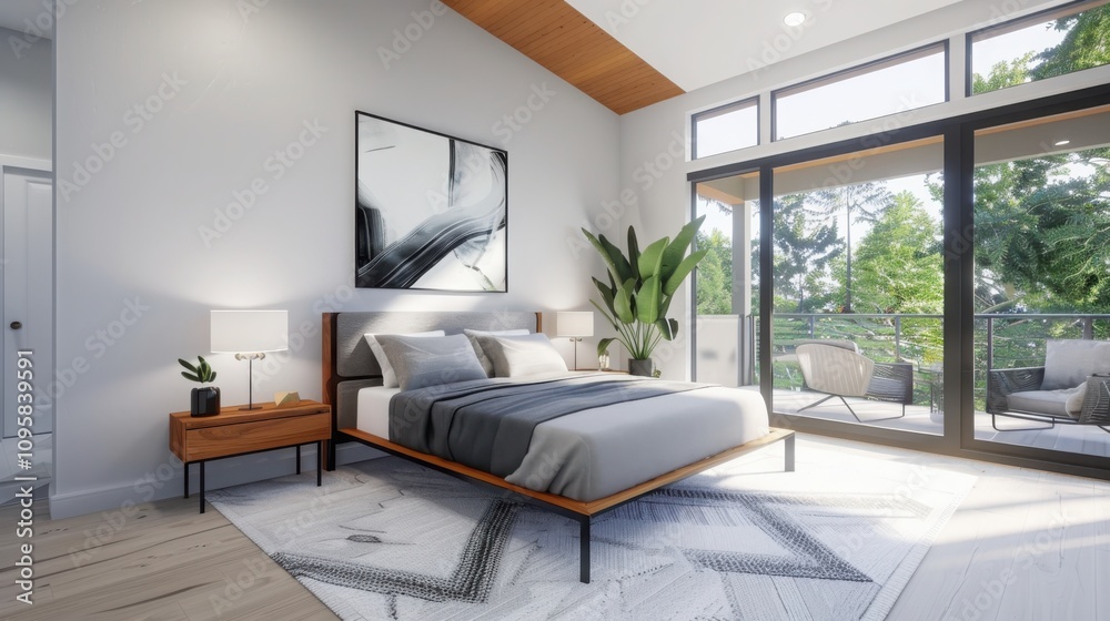 Creating a minimalist modern bedroom geometric bed frame monochromatic rug and abstract wall art in a serene environment Creating a minimalist modern bedroom geometric bed frame monochromatic rug and abstract wall art in a serene environment