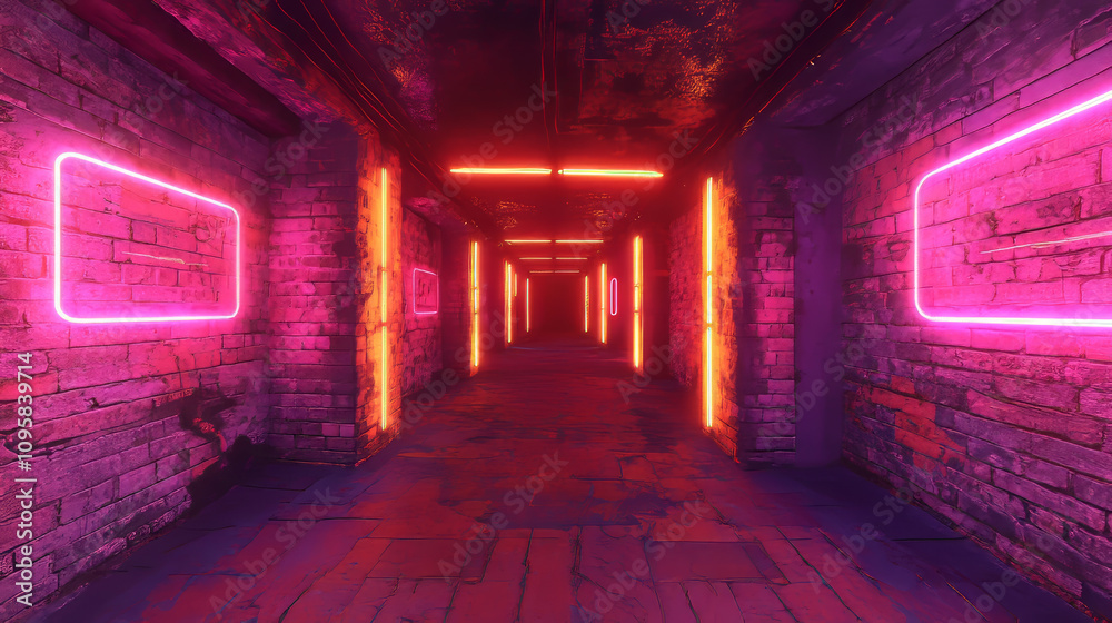 360 degree panorama view.A computer-generated image of a brick room with neon lights. 360 degree panorama view.A computer-generated image of a brick room with neon lights.