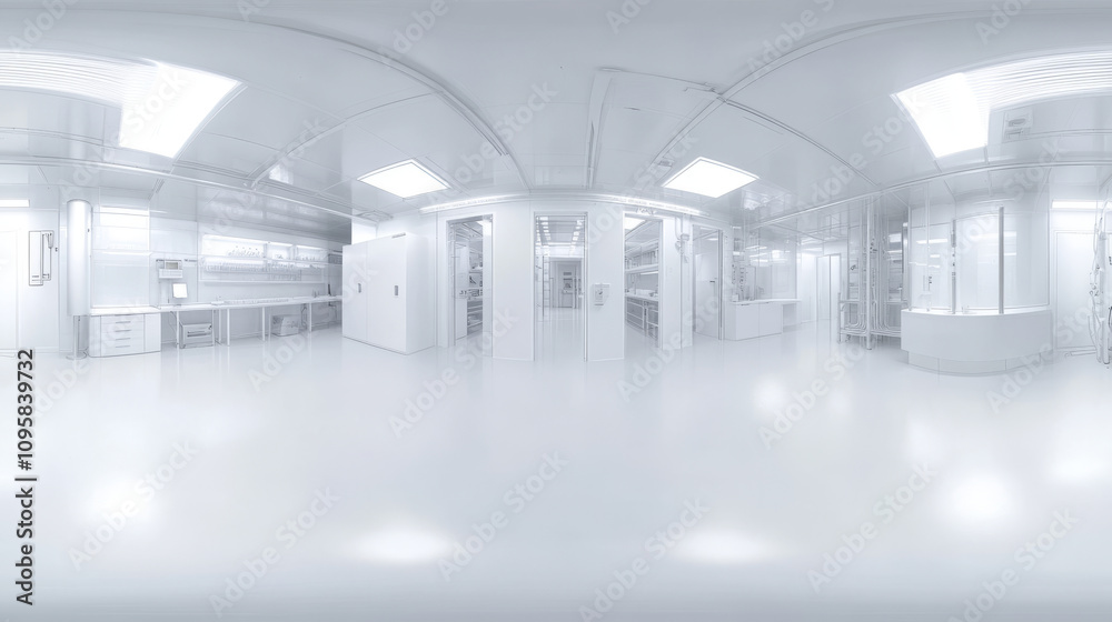 360 degree panorama view.A 3D image shows a spacious, white, modern lab. It's empty and has a 360-degree view. 360 degree panorama view.A 3D image shows a spacious, white, modern lab. It's empty and has a 360-degree view.
