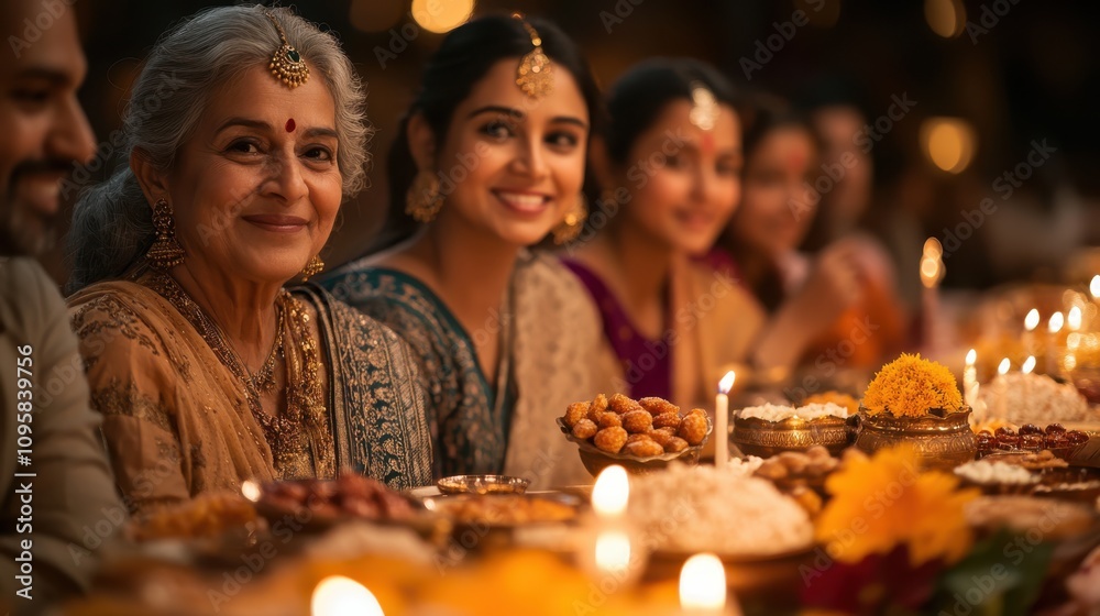 Indian family gathered around a table filled with traditional sweets, candles, and flowers, creating a warm and inviting Diwali feast scene. Indian family gathered around a table filled with traditional sweets, candles, and flowers, creating a warm and inviting Diwali feast scene.