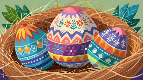 Close-Up of Hand-Painted Easter Eggs in Straw Nest. Perfect for: Easter, Craft fairs, Spring art displays