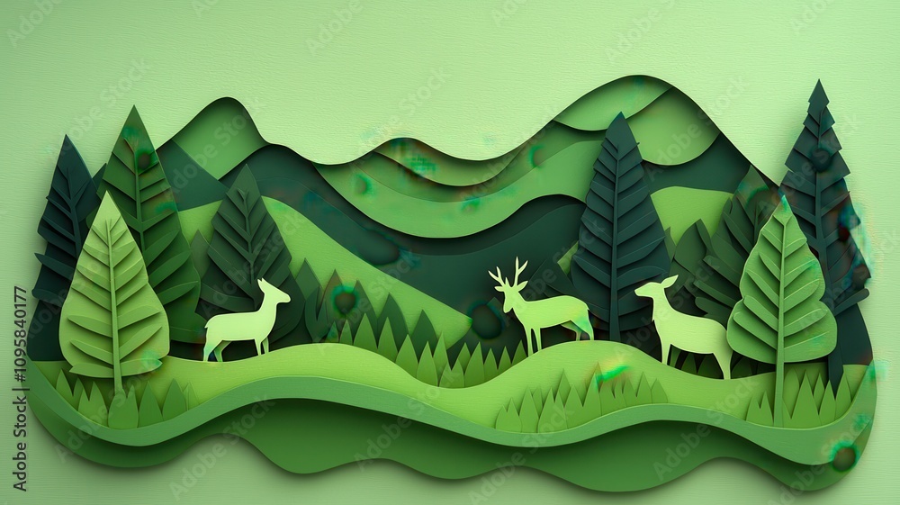 Forestanimals gathering concept. A vibrant paper art scene featuring two deer amidst lush green trees and rolling hills, creating a serene nature-themed decoration. Forestanimals gathering concept. A vibrant paper art scene featuring two deer amidst lush green trees and rolling hills, creating a serene nature-themed decoration.