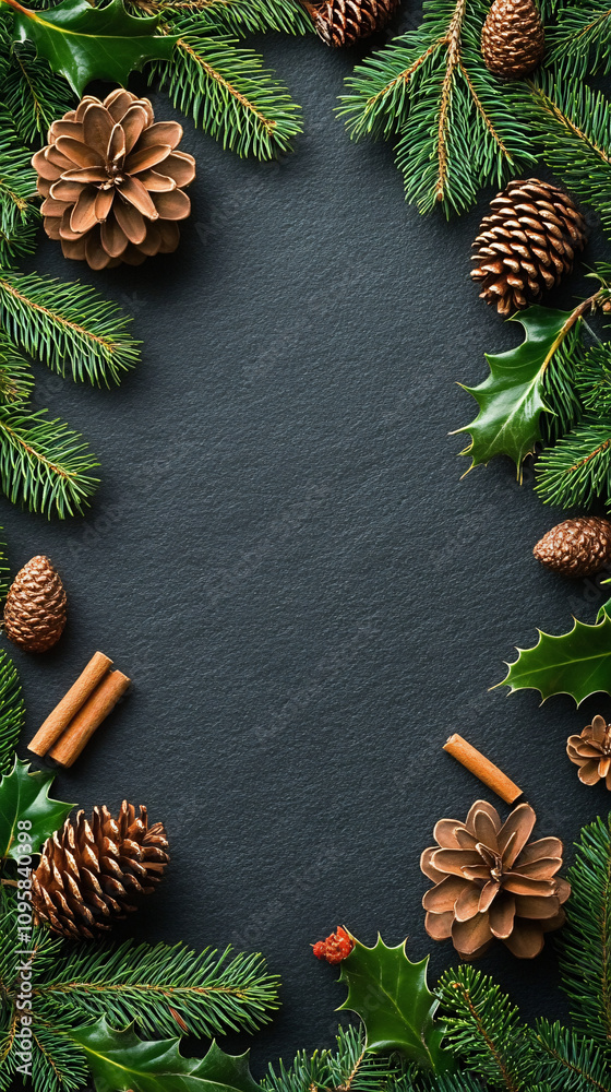 A cozy and festive arrangement of pine and holly branches, pine cones, and cinnamon stick, perfect for holiday cards, winter gatherings, and Christmas-themed designs.