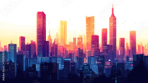 Vibrant city skyline at sunset with glowing modern skyscrapers, perfect for urban landscape themes, futuristic designs, or architectural photography