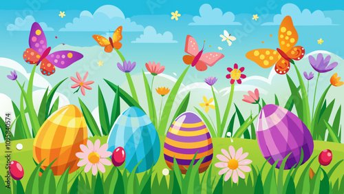 Spring Meadow with Hidden Easter Eggs and Butterflies. Perfect for: Easter, Outdoor events, Nature photography