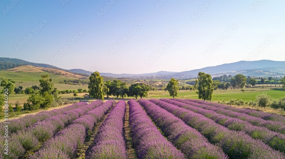 Fototapeta premium Aerial View of Breathtaking Lavender Field in Full Bloom with Rows of Purple Flowers Against Rolling Hills and Blue Sky - Ultra-Detailed Botanical Wonders