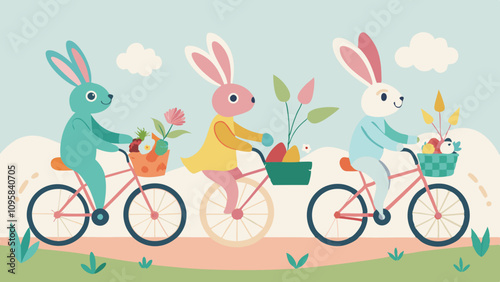 Whimsical Bunnies on Bicycles with Easter Egg Baskets. Perfect for: Easter, Children's events, Greeting cards