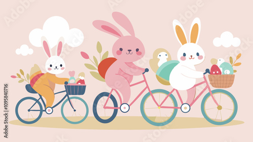 Whimsical Bunnies on Bicycles with Easter Egg Baskets. Perfect for: Easter, Children's events, Greeting cards