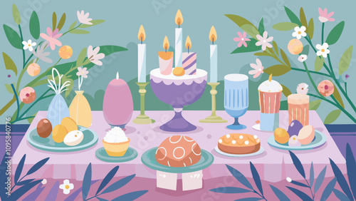 Elegant Easter Table with Candles and Floral Arrangements. Perfect for: Easter, Dinner parties, Wedding decor