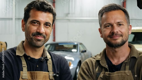 Male car repair team in their workshop. Join our talented car repair team as they tackle various repairs, sharing tips and insights from their years of experience!