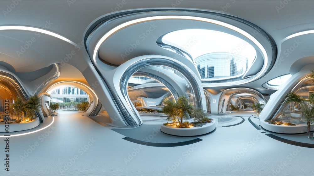 360 degree panorama view.A futuristic building's interior is shown in a 3D image. It's a wide, panoramic view with a high-quality, virtual reality feel. 360 degree panorama view.A futuristic building's interior is shown in a 3D image. It's a wide, panoramic view with a high-quality, virtual reality feel.