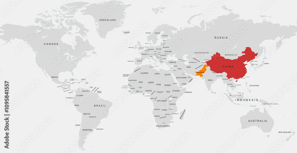 Obraz premium World Map Highlighting china and pakistan in Color