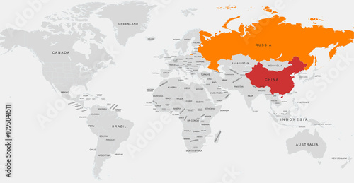 World Map Highlighting china and russia in Color