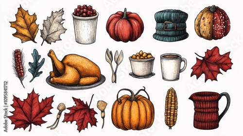 Hand-drawn autumn harvest illustration featuring roasted turkey, pumpkins, corn, cranberries, leaves, and more. photo