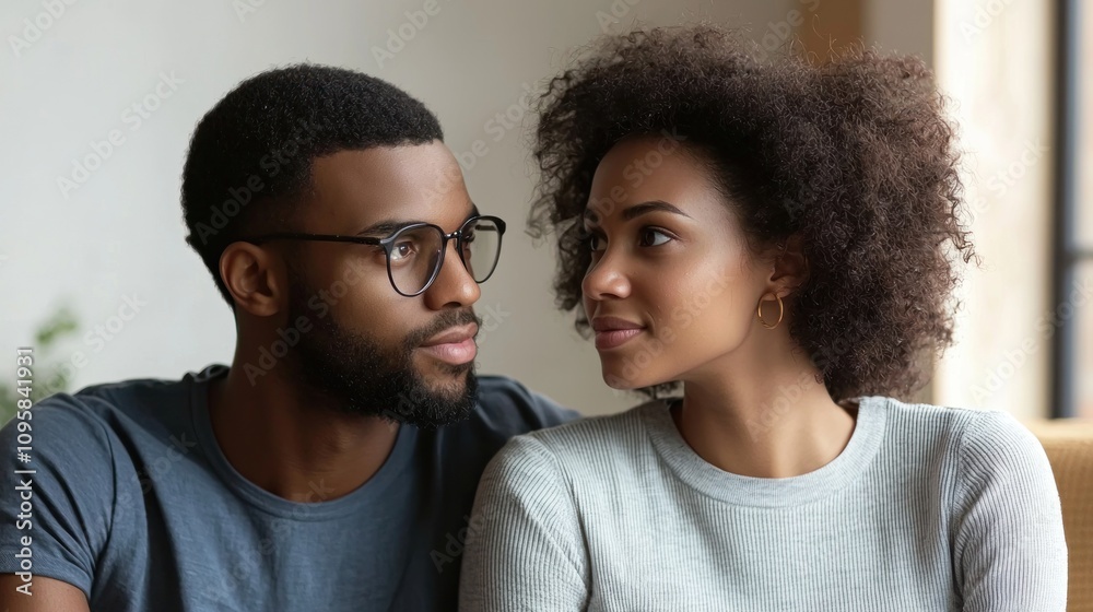 Couple sitting together with thoughtful expressions, discussing or planning something important Couple sitting together with thoughtful expressions, discussing or planning something important