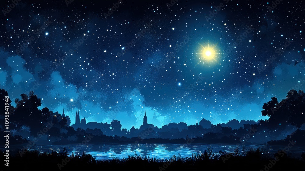 Naklejka premium Starry Night over Serene Lake and Village