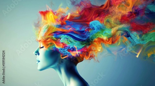Creative mind with colorful, abstract shapes flowing out of a personâ€™s head, symbolizing innovation