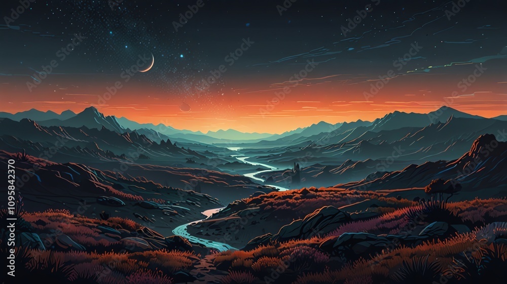a painting of a river running through a valley with a river and a moon in the sky. a painting of a river running through a valley with a river and a moon in the sky.