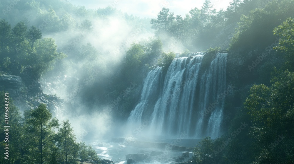 A serene waterfall surrounded by misty trees, creating a tranquil natural landscape. A serene waterfall surrounded by misty trees, creating a tranquil natural landscape.