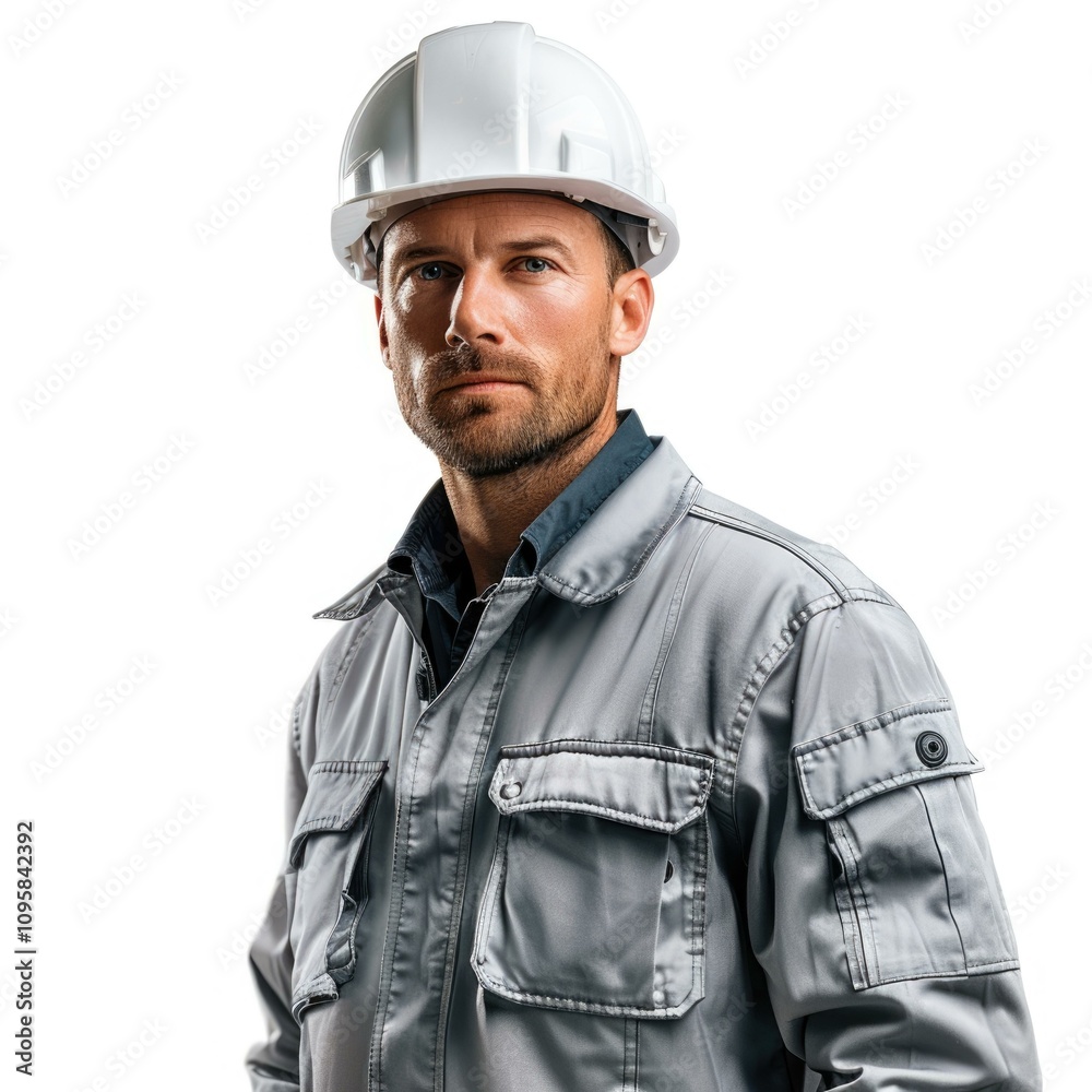 Engineer in hard hat on white background.