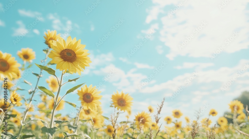 Fototapeta premium Swaying Sunflowers: Vibrant Blooms in a Picturesque Field under a Summer Sky