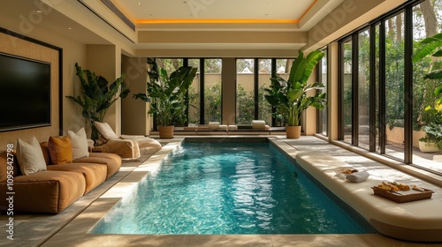 Wallpaper Mural A luxurious indoor pool area with modern decor and lush greenery. Torontodigital.ca