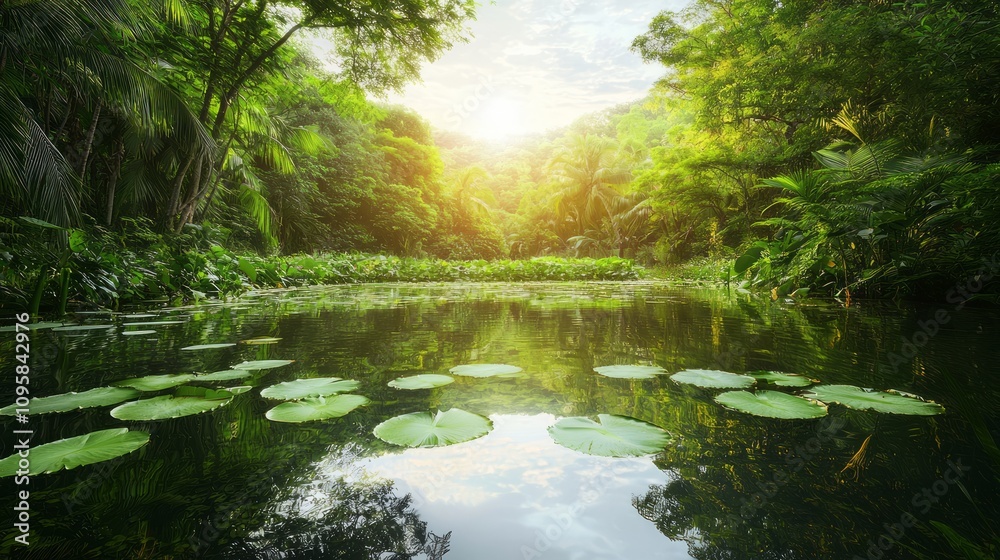 Tranquil Pond Oasis: Serene Water Lilies in Lush Greenery - Botanical Wonders and Relaxing Nature Scene Tranquil Pond Oasis: Serene Water Lilies in Lush Greenery - Botanical Wonders and Relaxing Nature Scene