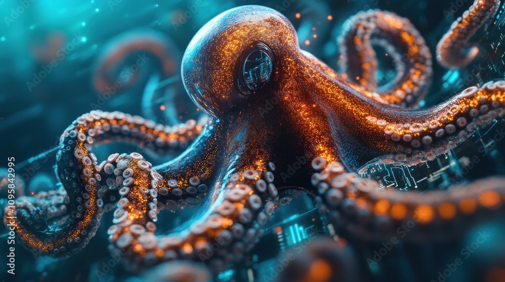 A vibrant octopus surrounded by digital elements, blending nature with technology. A vibrant octopus surrounded by digital elements, blending nature with technology.