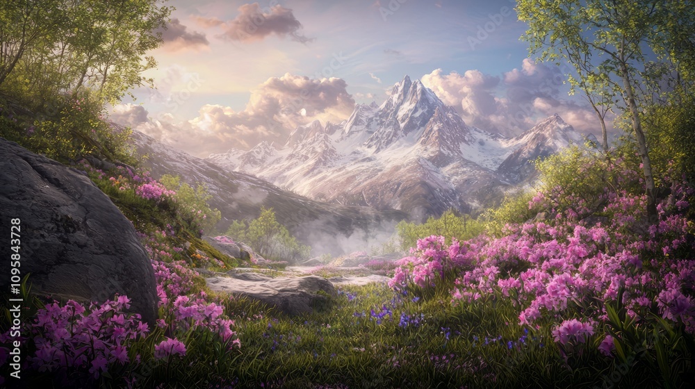 Fototapeta premium Majestic Mountain Landscape with Wildflowers - Celebrating Nature's Resilience