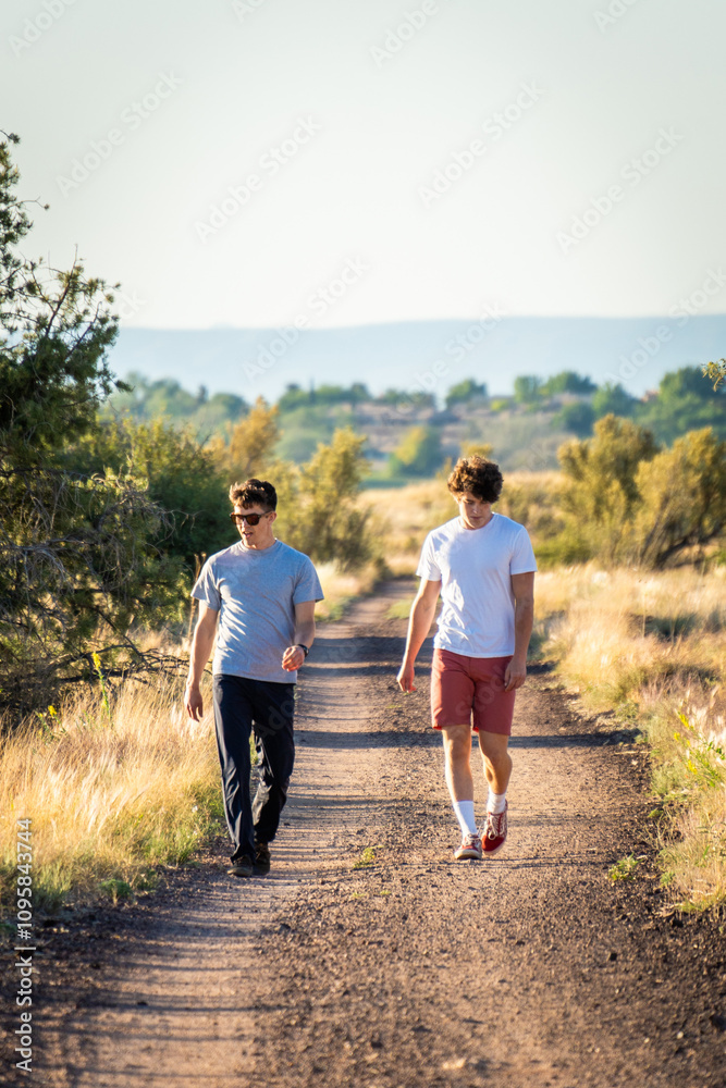 Two friends walk along a dirt path in a peaceful natural setting during a sunny day Two friends walk along a dirt path in a peaceful natural setting during a sunny day