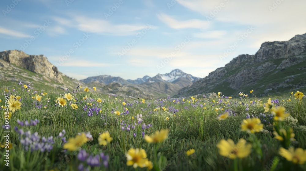 Fototapeta premium Majestic Mountain Landscape Abloom with Wildflowers - Botanical Wonders of Nature's Resilience