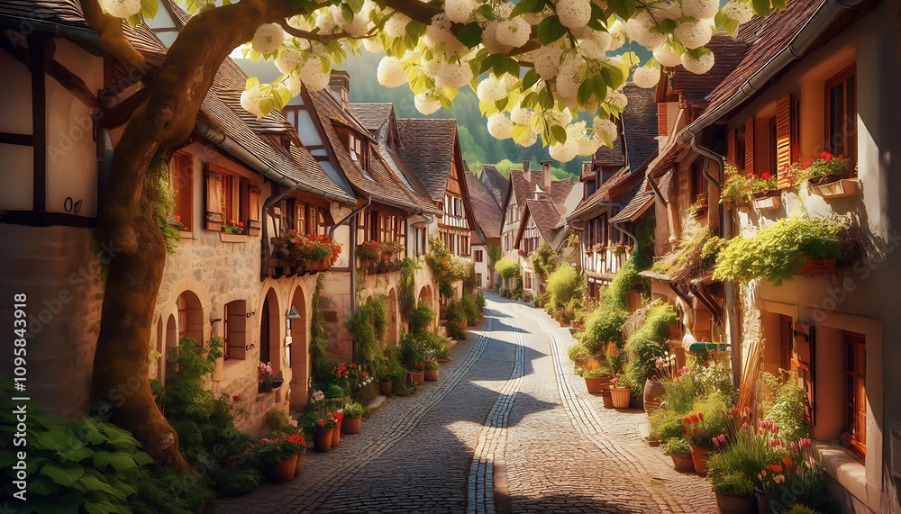 Obraz premium Charming European Village Street in Springtime With Blossoming Trees. generator AI