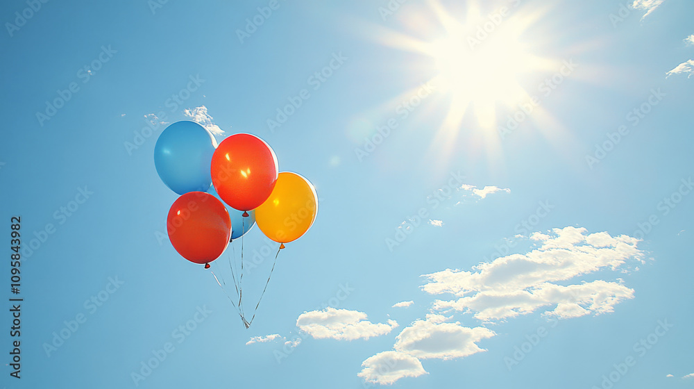 Brightly colored balloons drift in a sunny sky. Brightly colored balloons drift in a sunny sky.
