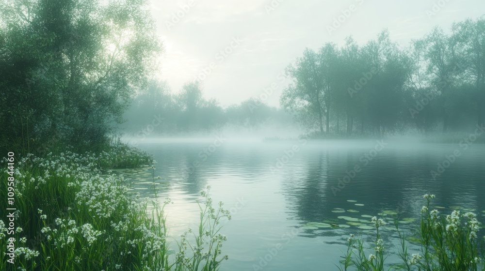 A serene misty landscape with a tranquil river and lush greenery. A serene misty landscape with a tranquil river and lush greenery.