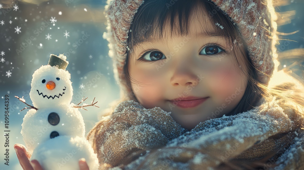 Winter Solstice Day, Joyful Child with Snowman on Winter Solstice Day Winter Solstice Day, Joyful Child with Snowman on Winter Solstice Day