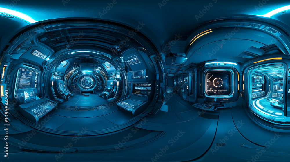 360 degree panorama view.A futuristic, glowing blue space station. It's a 3D image showing a stylish, technologically advanced design. 360 degree panorama view.A futuristic, glowing blue space station. It's a 3D image showing a stylish, technologically advanced design.