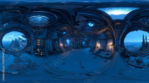 360 degree panorama view.A futuristic, glowing blue space station.  It's a 3D image showing a stylish, technologically advanced design. photo