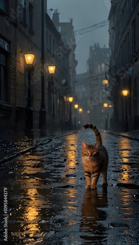 a solitary, wet cat with shimmering raindrops on its gray fur walking slowly on a misty, cobblestone street lined with dimly lit, old-fashioned street lamps